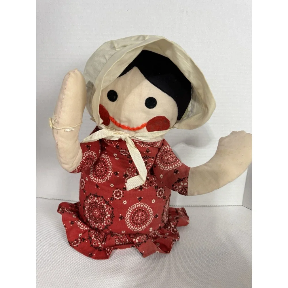 Vintage Avon Stuffed‎ Rag Doll Red Dress Black Hair with Bonnet